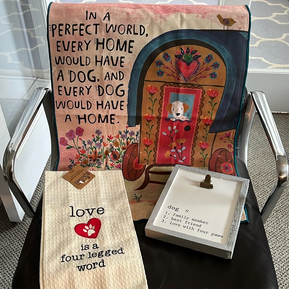 Dog Love Bundle nwt dish towel, mud pie frame & perfect world decor